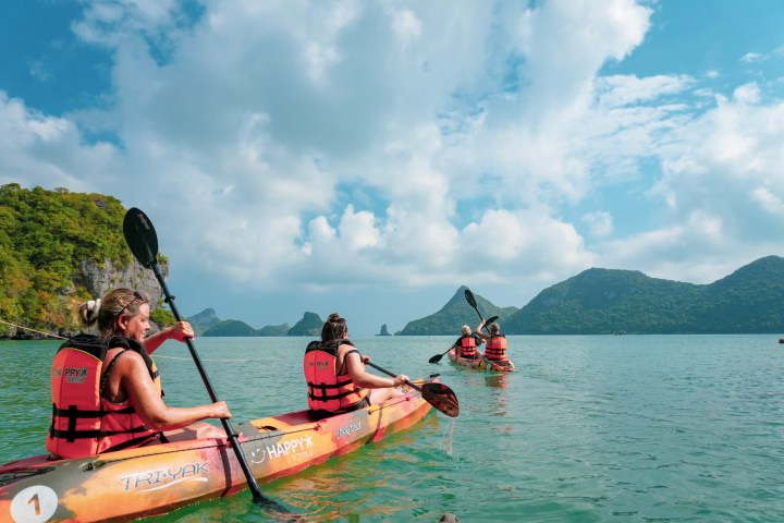 Kayakers paddling in calm sea surrounded by green hills and blue sky.