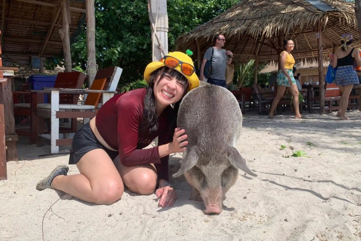 Smiling woman petting a pig on a sandy beach.