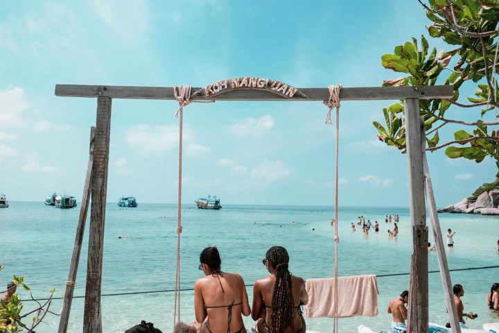 Two people sitting on a swing by the beach under a blue sky.