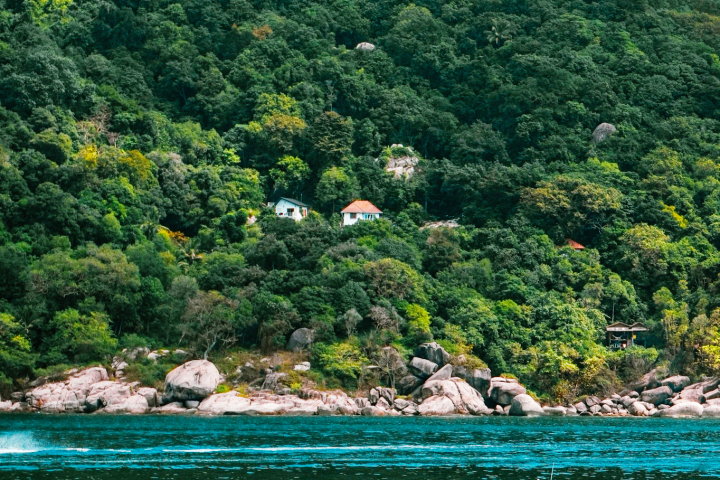 Boat floating on clear blue water near lush green hillside.