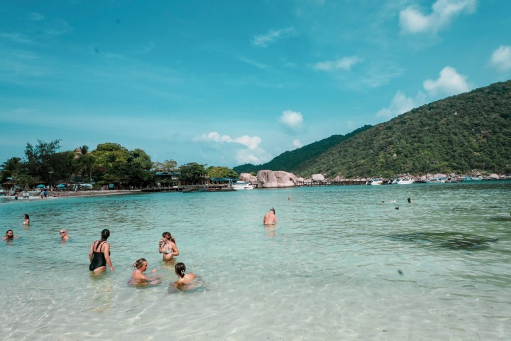 People swimming in clear ocean near a tropical shoreline and lush hills.