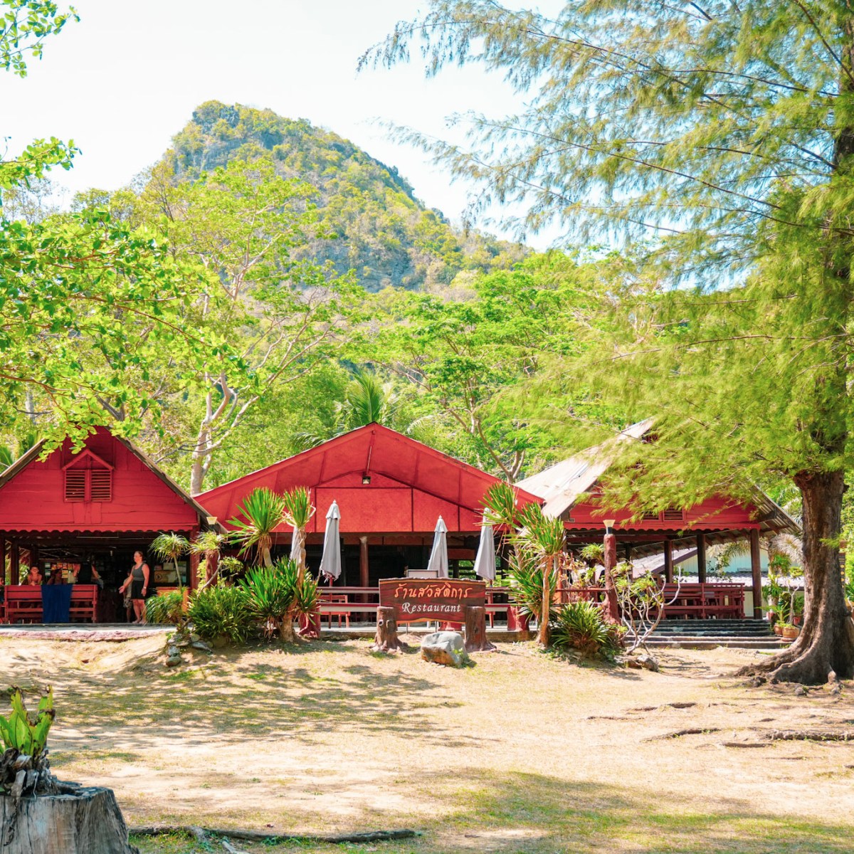 Red building surrounded by trees with a mountain in the background on a sunny day.