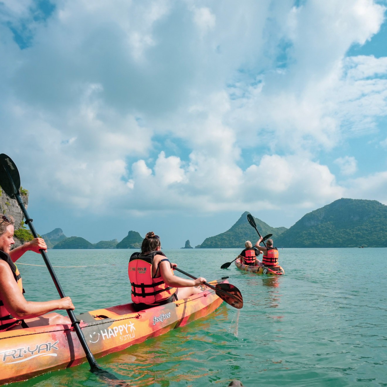 People kayaking on a calm sea with green hills and cloudy sky.