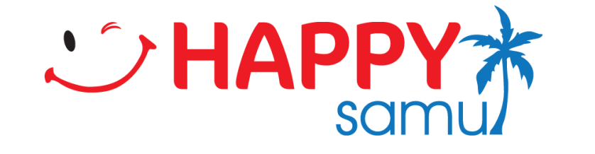 Logo with a smiley face, the word 'HAPPY' in red, and 'samu' in blue with a palm tree.